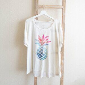 ST JOHN'S BAY "ALOHA" WATERCOLOR & GOLD GRAPHIC LONG TUNIC TEE SZ 1X